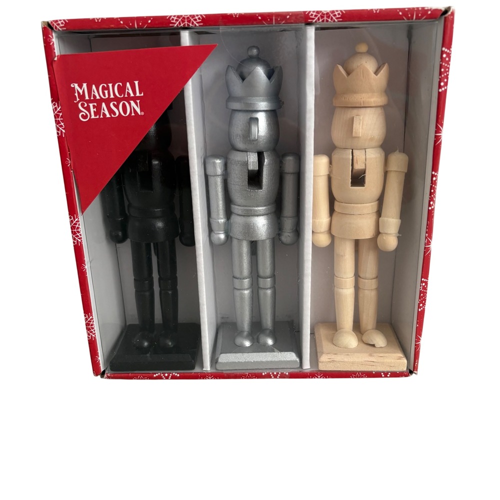 Magical Season Wooden Nutcracker Trio Set Black Silver Natural Wood Christmas